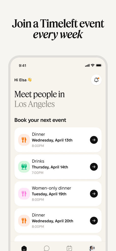 Timeleft app interface showing upcoming dinner and drinks events in Los Angeles.