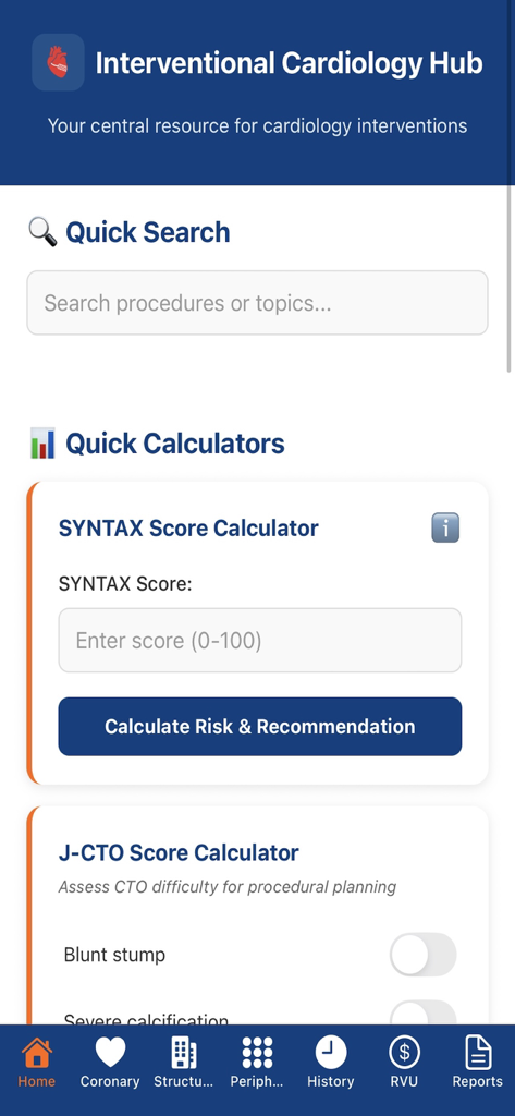 Interventional Cardiology Hub - Home screen of the Interventional Cardiology Hub app showing clinical calculators for SYNTAX and J-CTO scores.
