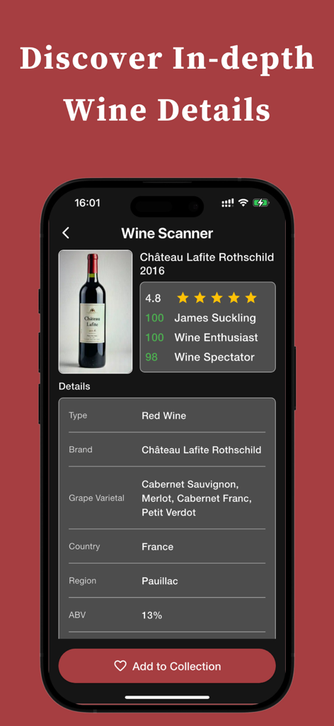 Tela de detalhes do vinho mostrando avaliações e origem do Chateau Lafite Rothschild