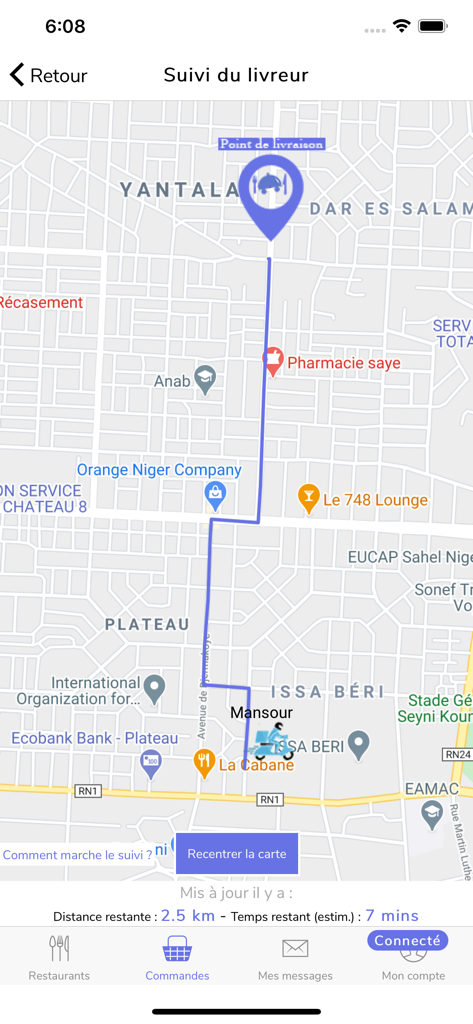 Direct GO - Direct GO 모바일 앱의 실시간 배달 추적 지도에 운전자 위치와 예상 도착 시간이 표시됩니다.