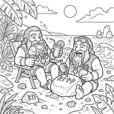 Embark on a unique summer adventure with our Dwarf Runesmiths coloring page. Watch these skilled artisans enjoy a relaxing beach vacation, complete with tropical treats and creative carving.