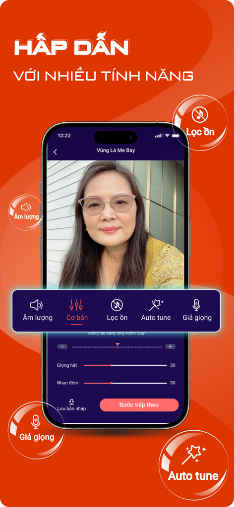Yokara - Sing Karaoke Record - A smartphone showing the Yokara app recording interface with audio effects like auto-tune and noise reduction for karaoke singing.