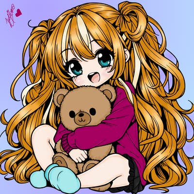 manga girl, long curly hair, happy, cuddling a teddy bear