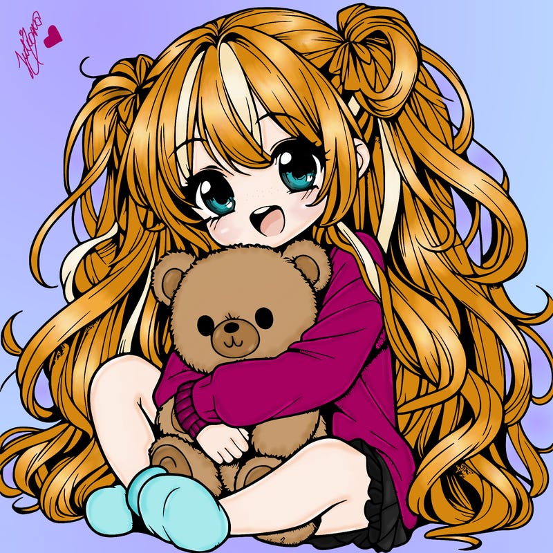manga girl, long curly hair, happy, cuddling a teddy bear