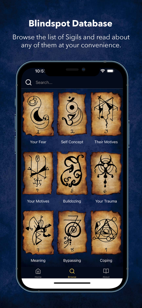 Blind Spot Oracle Cards - Sigil Database screen in the Blind Spot Oracle Cards app showing symbolic cards for shadow work.