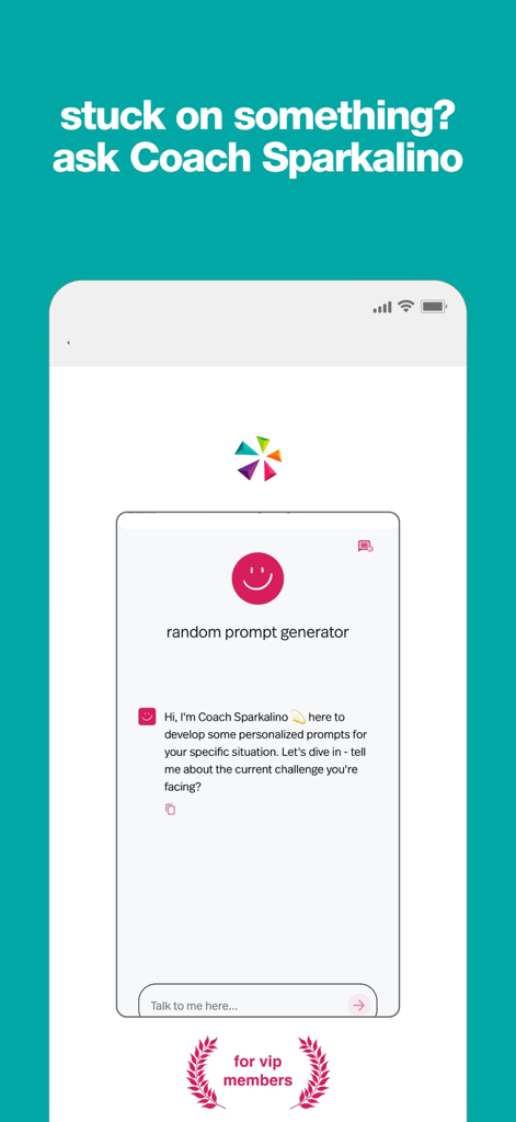 Brainsparker Creativity Coach - Brainsparker app screen showing the Coach Sparkalino AI chat interface for personalized creative prompts