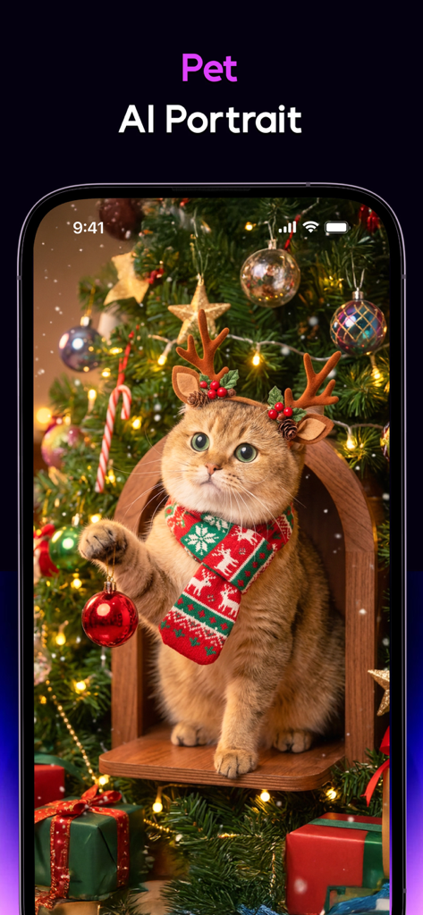 AI Mirror exibindo um retrato de animal de estimação gerado por IA de um gato em traje festivo de Natal