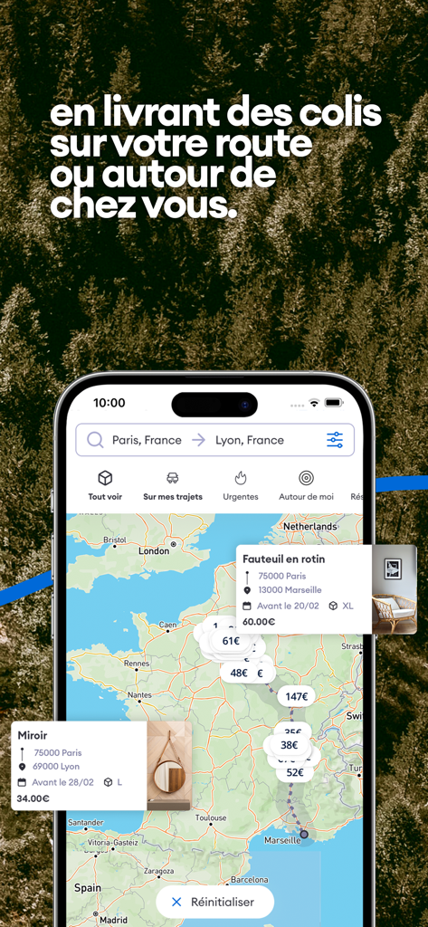 Cocolis, covoiturage de colis - Pantalla de la aplicación Cocolis que muestra un mapa de Francia con solicitudes de entrega de paquetes disponibles y potencial de ganancias por viaje.