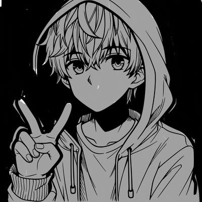 teenage manga boy in a hoodie, doing ✌