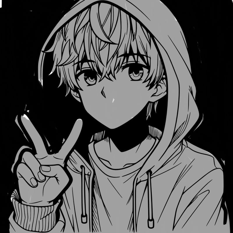 teenage manga boy in a hoodie, doing ✌
