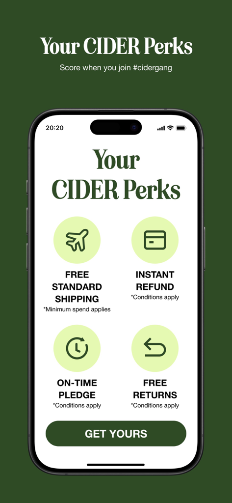 CIDER - Clothing & Fashion - Cider app interface showing shopping perks like free shipping and instant returns