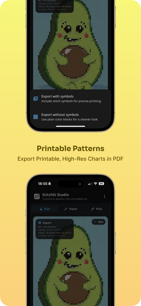 Interface of the StitchIt app showing options to export printable high-resolution cross-stitch charts in PDF format