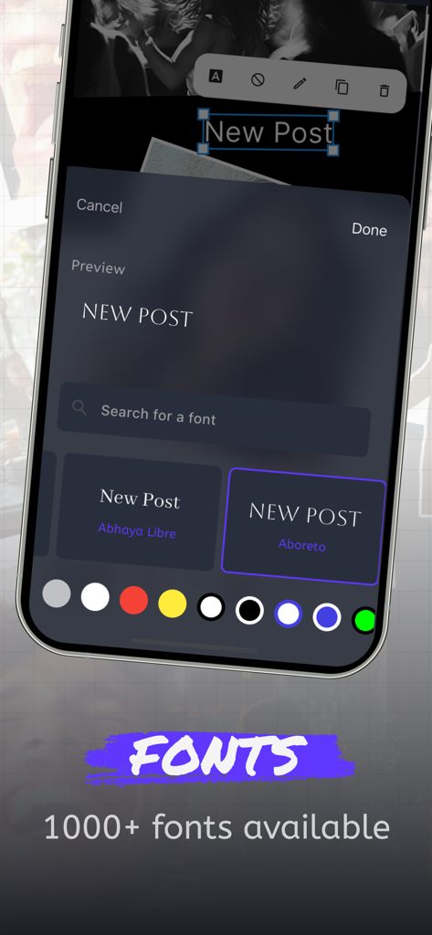 JamWall: Live collage - Text editing interface in the JamWall app showing font selection and color picker for personalized digital collages