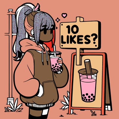 girl with oversized hoodie drinking boba and she has a high ponytail with a sign that says 10likes?
