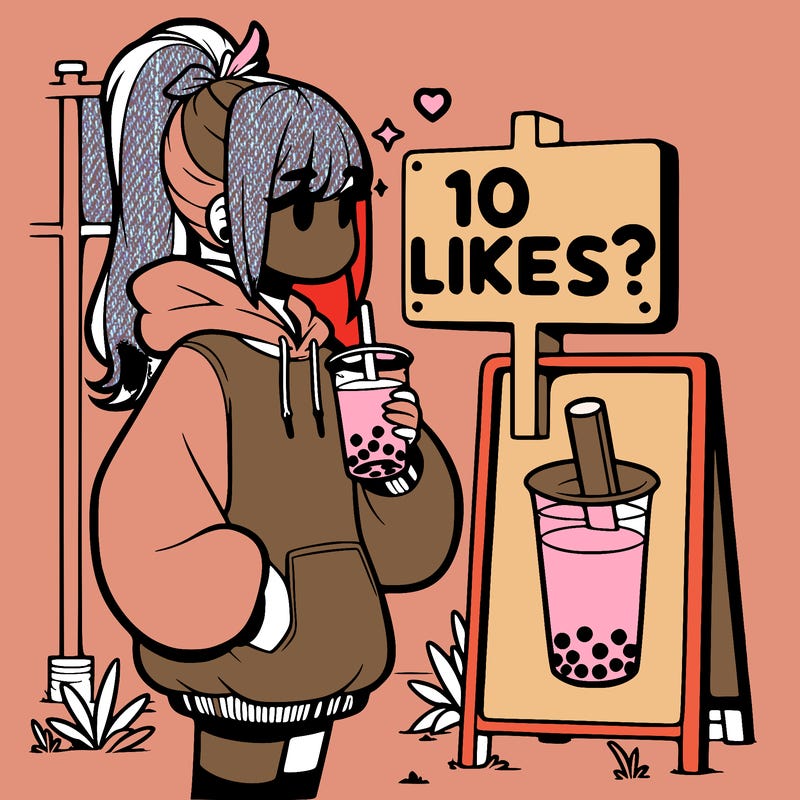 girl with oversized hoodie drinking boba and she has a high ponytail with a sign that says 10likes?