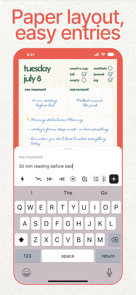Writeway: Journal & Diary - Digital journal entry with a textured paper layout and habit tracker on an iPhone screen