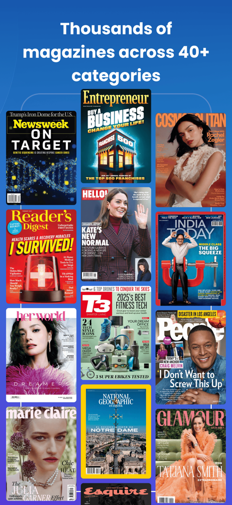 Collage showing a variety of popular magazine covers like Newsweek, Cosmopolitan, and National Geographic available on Magzter