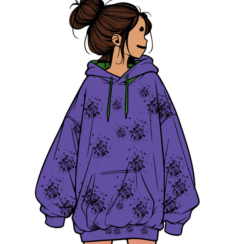 realistic girl with a oversized sweatshirt on and a bun