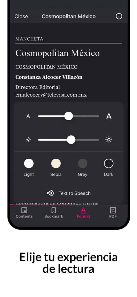 Configuración de experiencia de lectura de la aplicación Cosmopolitan Mexico para tamaño de fuente, brillo y colores del tema.