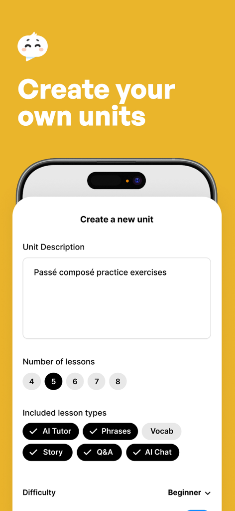 Langotalk-AI Language Learning - Interface of Langotalk app showing the process of creating a custom AI language learning unit with personalized lesson settings