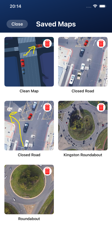 Una galería de mapas de conducción guardados y planes de lecciones en la aplicación Road Sketch