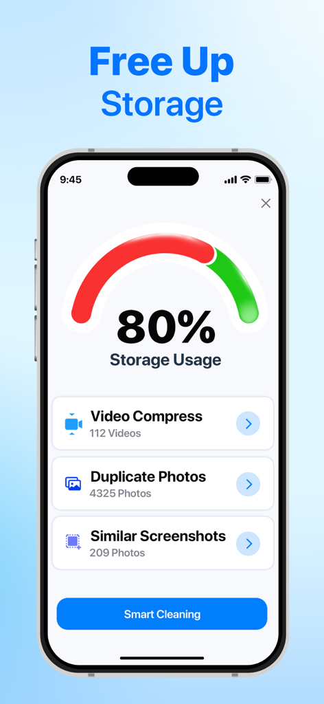 iPhone app interface showing 80 percent storage usage with buttons for smart cleaning and video compression
