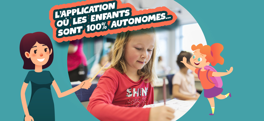 EduKids Ecole Primaire - Banner promocional para o aplicativo EduKids mostrando uma menina estudando e personagens de desenho animado com texto sobre autonomia infantil