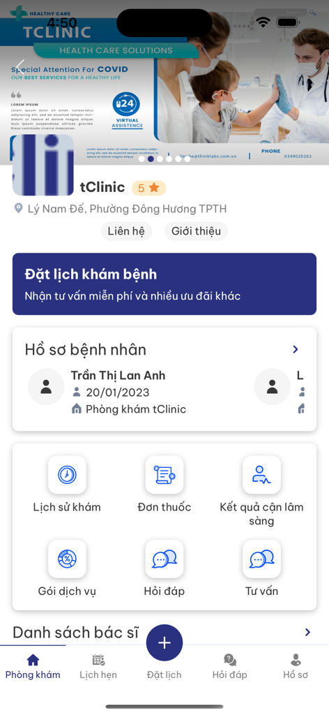 tClinic - Home screen of the tClinic app featuring medical appointment booking and patient records in Vietnamese