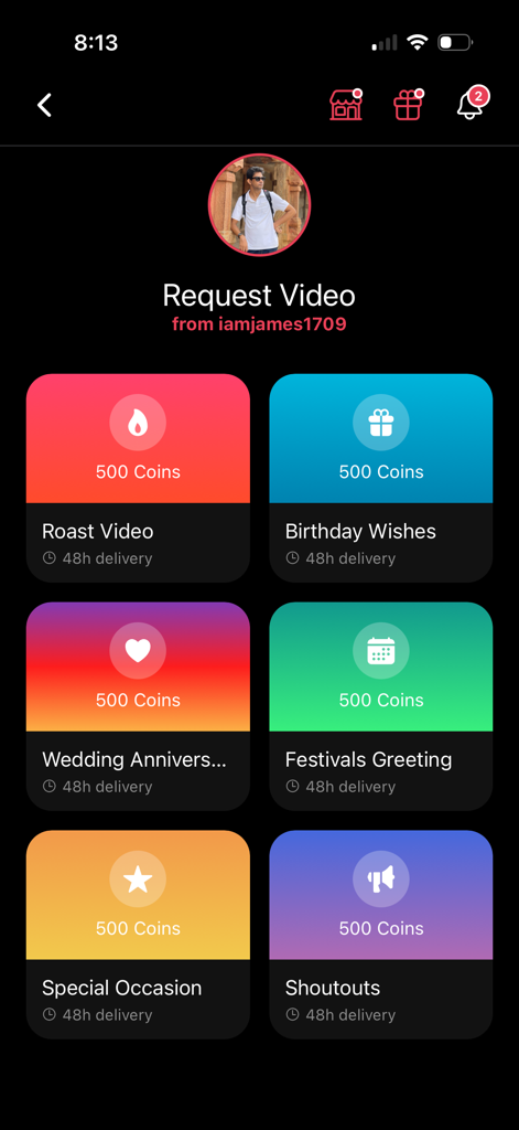 ForFans.me - ForFans app screen showing personalized video request options including shoutouts and birthday wishes