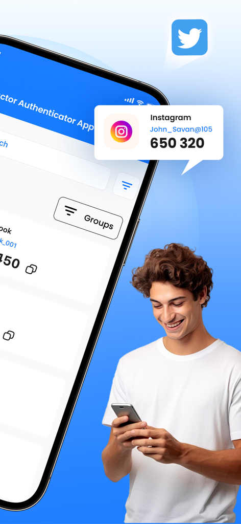 Two Factor Authenticator 2FA - Two Factor AuthenticatorアプリにInstagramのセキュリティコードが表示されているスマートフォンの画面。