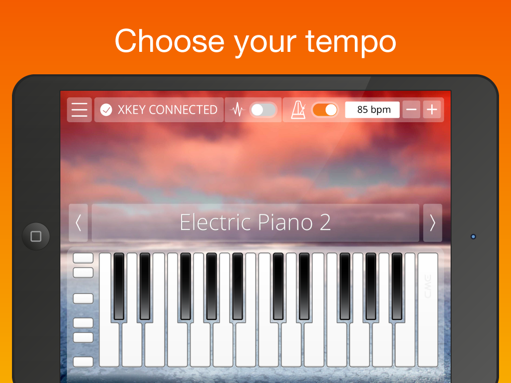 Xkey Piano - Xkey Piano app interface on iPad showing tempo settings and electric piano keyboard