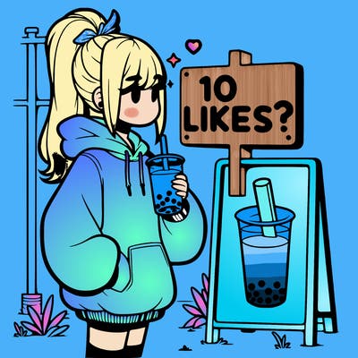 girl with oversized hoodie drinking boba and she has a high ponytail with a sign that says 10likes?