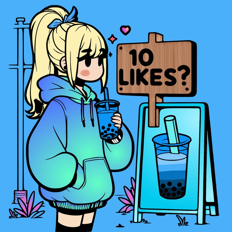 girl with oversized hoodie drinking boba and she has a high ponytail with a sign that says 10likes?
