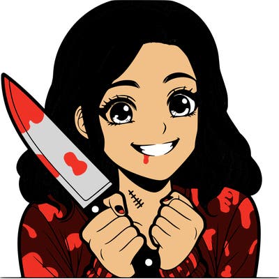 a realistic girl holding a knife and grinning