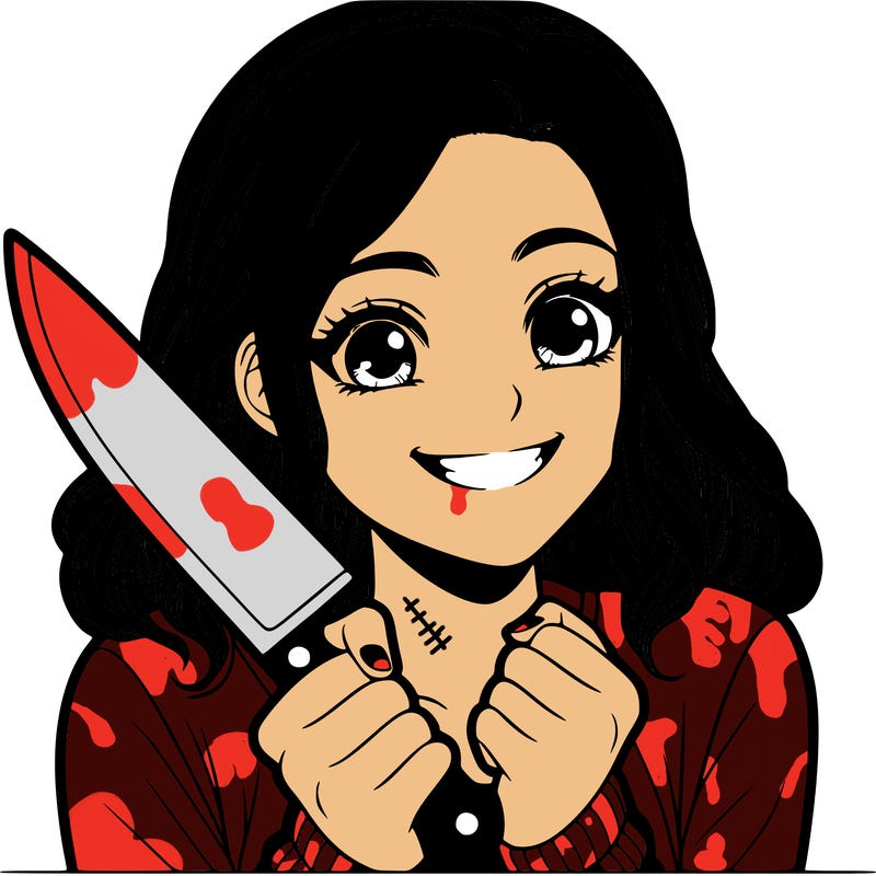 a realistic girl holding a knife and grinning