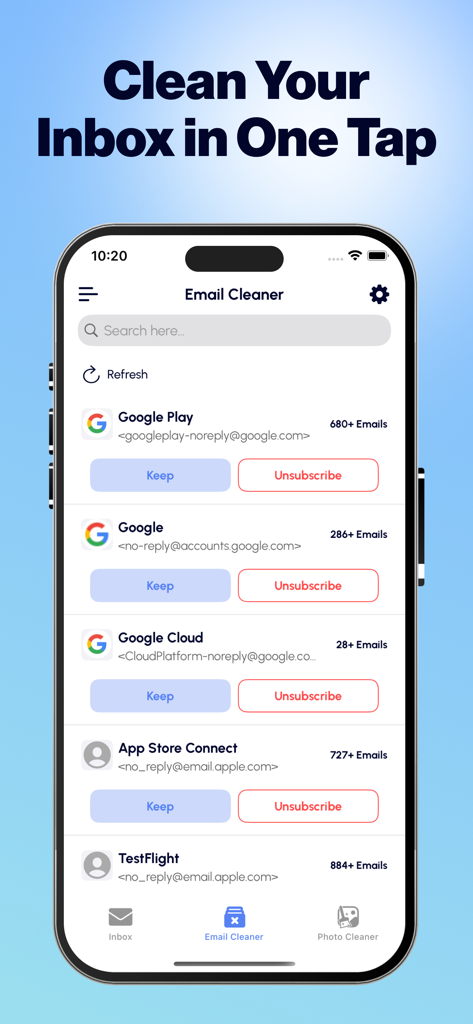 Email Cleaner : Inbox Cleaner - A mobile app interface showing options to unsubscribe from email senders to clean an inbox.