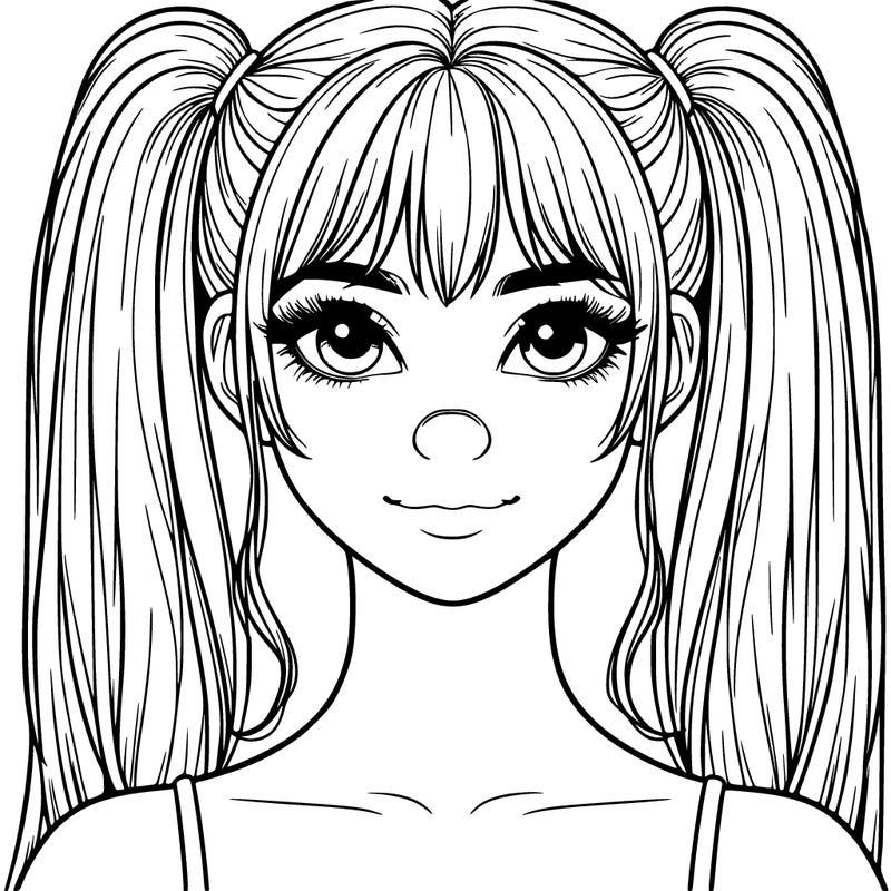 realistic pretty girl with face and nose and two high pigtails and straight hair