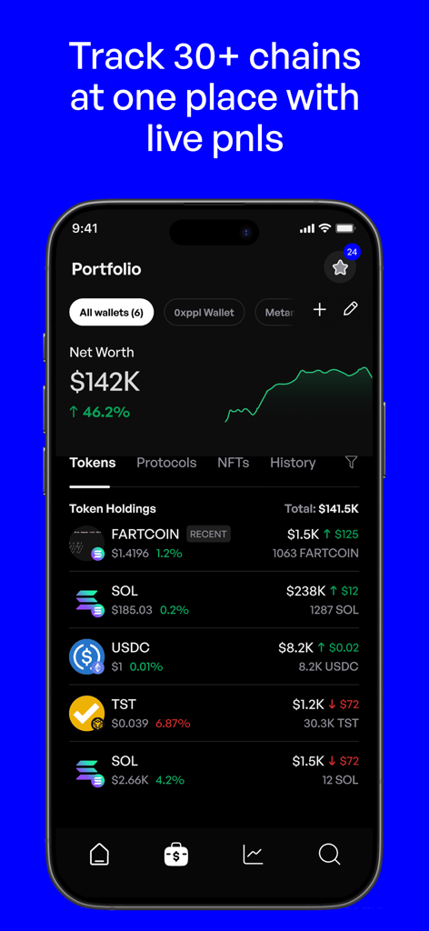 0xPPL - 0xPPL app screen displaying a comprehensive cryptocurrency portfolio with net worth and token holdings