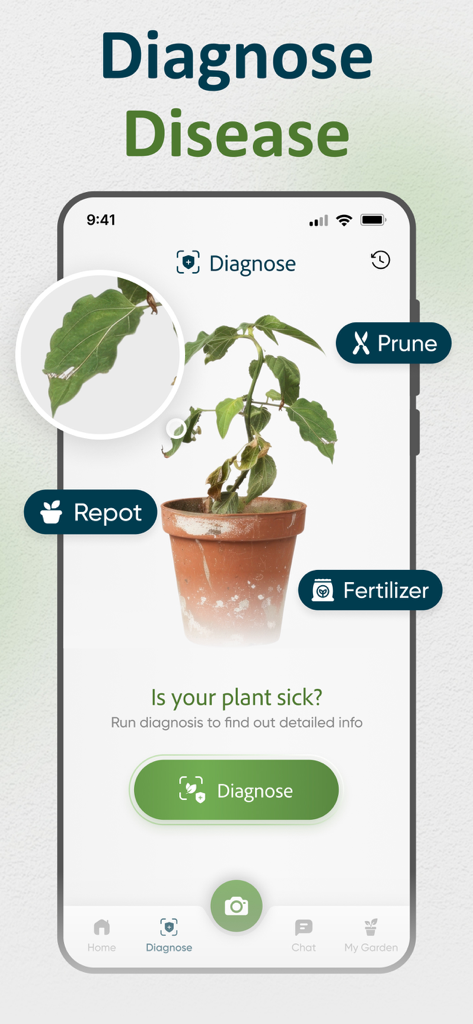 AI Plant Identifier and Care - Smartphone mostrando la función de diagnóstico de enfermedades de plantas de la aplicación AI Plant Identifier con opciones de cuidado como trasplantar y podar