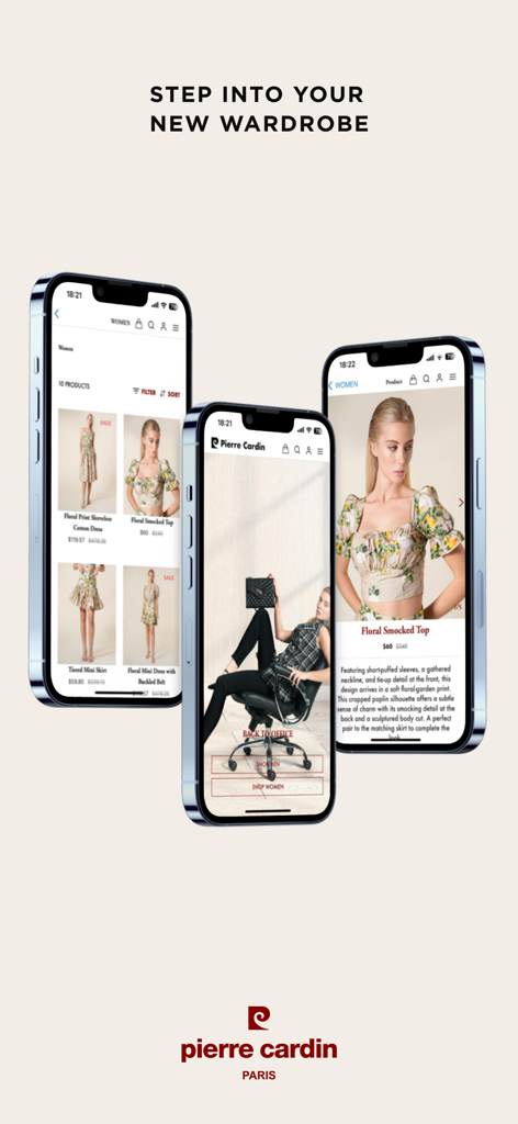 Pierre Cardin Paris - Three iPhones displaying the Pierre Cardin Paris fashion app showcasing women's floral clothing and a professional office collection.