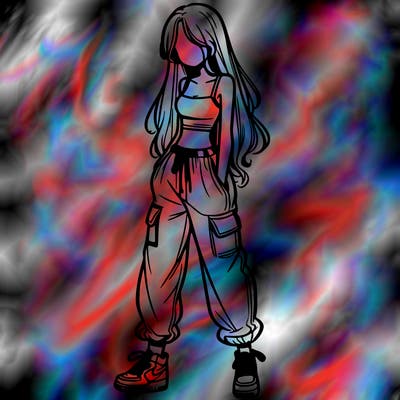 girl in baggy pants crop top and long hair