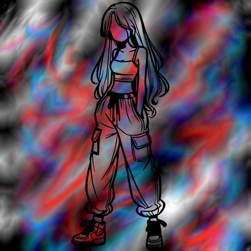 girl in baggy pants crop top and long hair