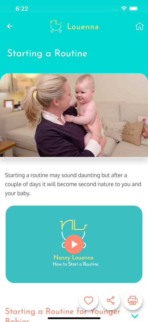 Nanny Louenna - Nanny Louenna app screen displaying a guide and video on starting a routine with a baby.