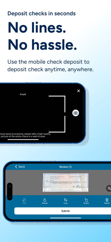 Interface do aplicativo PenFed Mobile mostrando o recurso de depósito de cheques móveis em dois smartphones