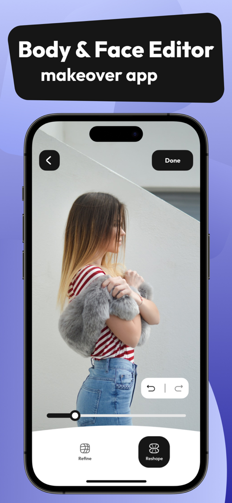 Face & Body AI Editor - Interface de aplicativo móvel mostrando ferramentas de remodelação de corpo e rosto em uma foto de uma mulher