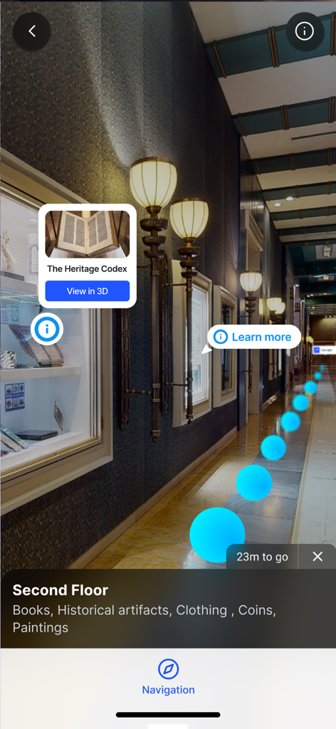 Virtual Wayz - AR indoor navigation in a museum displaying historical artifacts with interactive info boxes