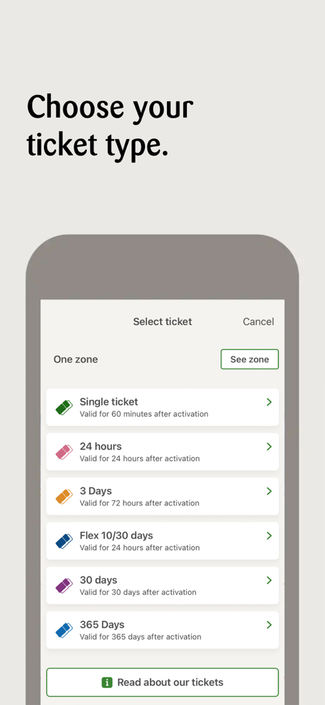 Blekingetrafiken app interface showing various ticket options like single 24 hour and 30 day passes