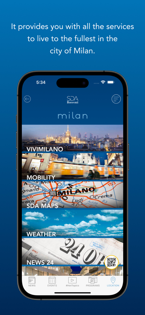 Mobile app screen showing a menu of Milan city services like mobility maps weather and news