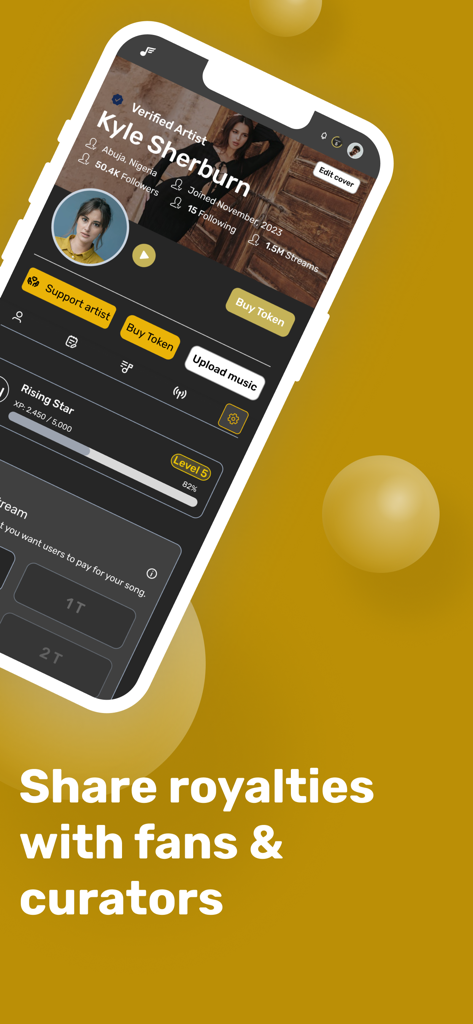 Freecords - Interfaz de la aplicación móvil Freecords mostrando un perfil de artista con opciones para compartir regalías con fans y curadores