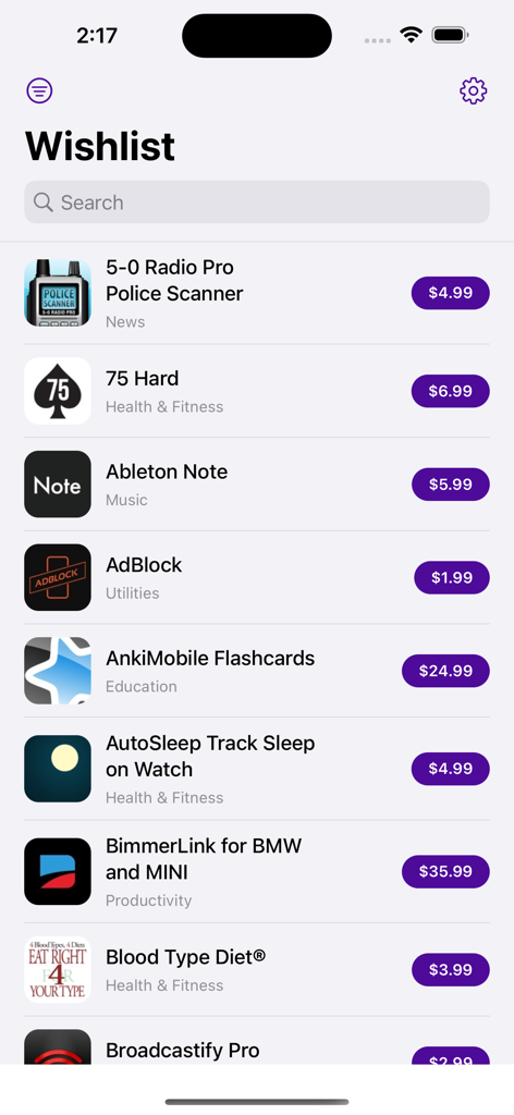Add to Wishlist for AppStore - Interfaz de la aplicación Lista de Deseos que muestra una lista curada de aplicaciones de la App Store con sus nombres y precios.